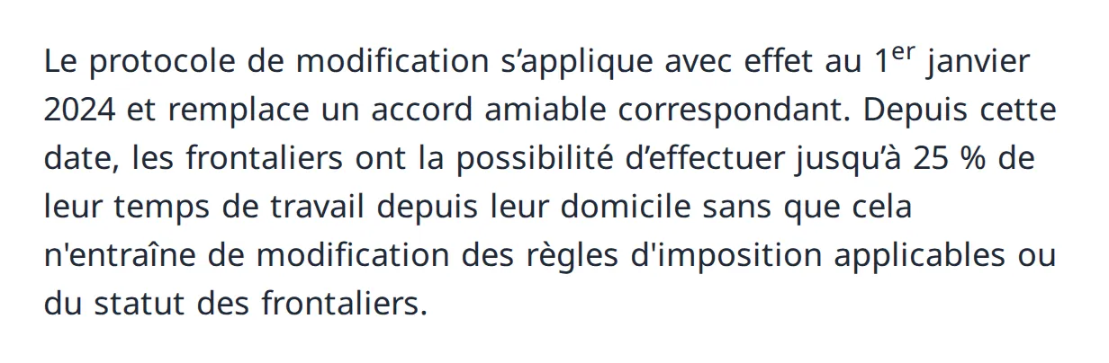 Paragraphe du communiqué de presse : dès le 1er janvier 2024, les frontaliers peuvent effectuer jusqu’à 25 % de leur temps de travail depuis leur domicile sans changer les règles d’imposition ni leur statut